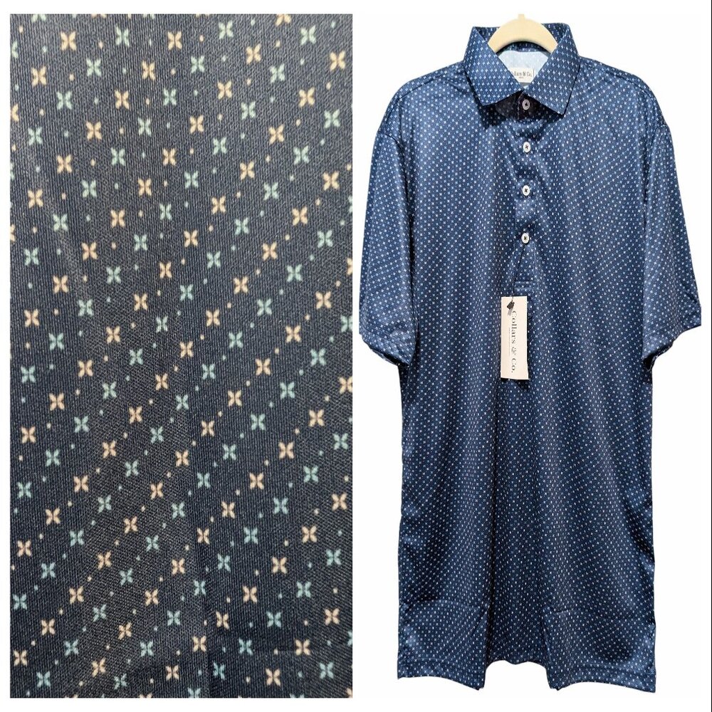 Collars & Co Mens NWT Size L Blue Geometric Stars Print Dress Collar Polo Shirt